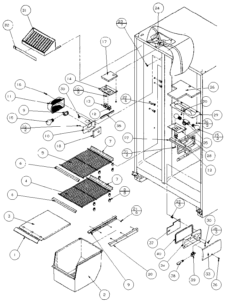 Freezer Shelving And Refrigerator Light Diagram and Parts List for 36511-P1121603W  Amana Refrigerator