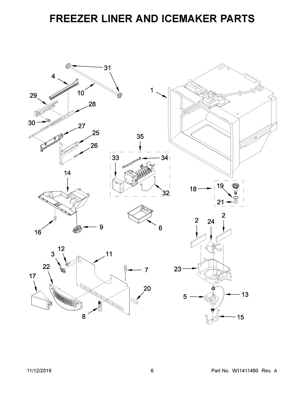 Freezer Liner And Icemaker Parts Diagram and Parts List for MFF2558FEZ04  Maytag Refrigerator