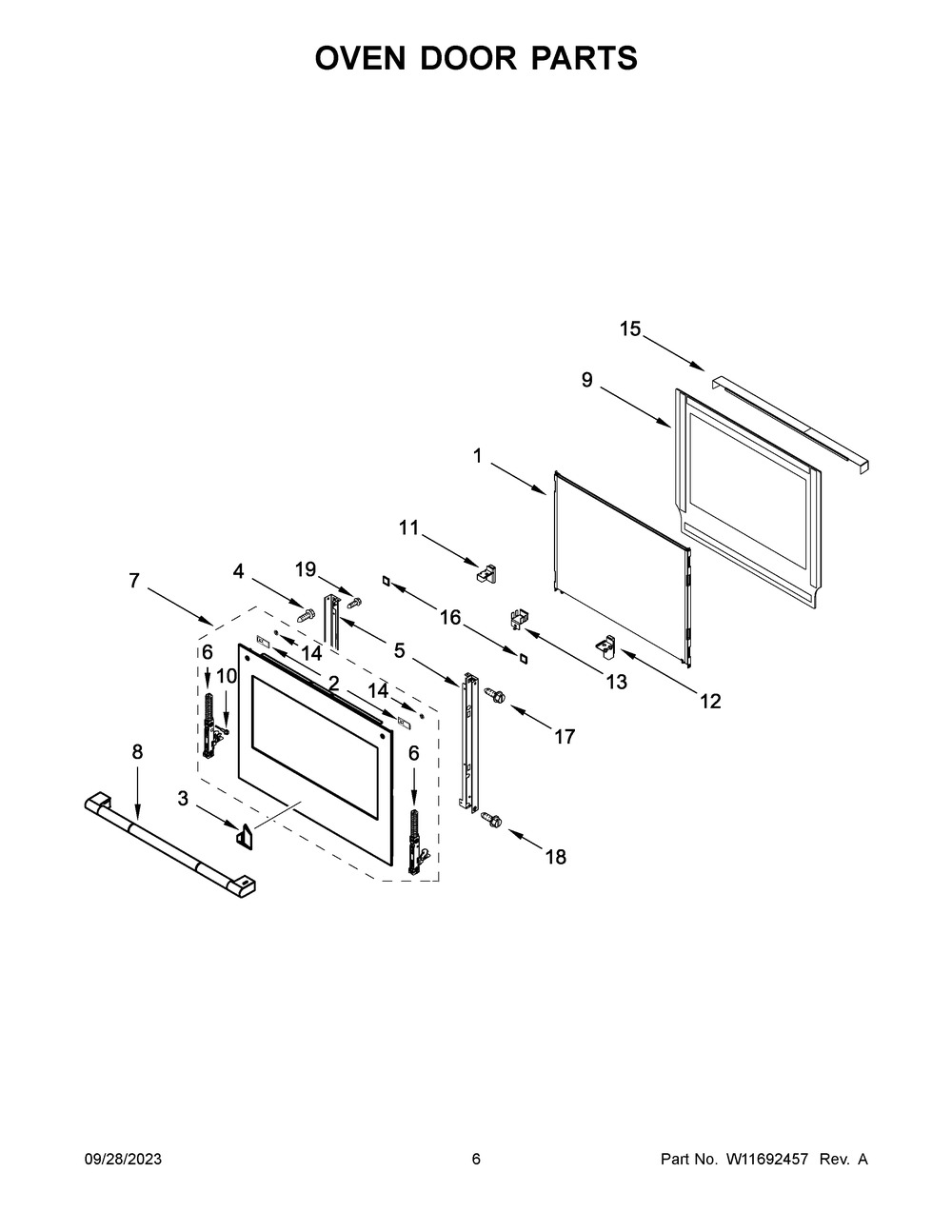 Oven Door Parts Diagram and Parts List for JJW2430LL01  Jenn-Air Wall Oven