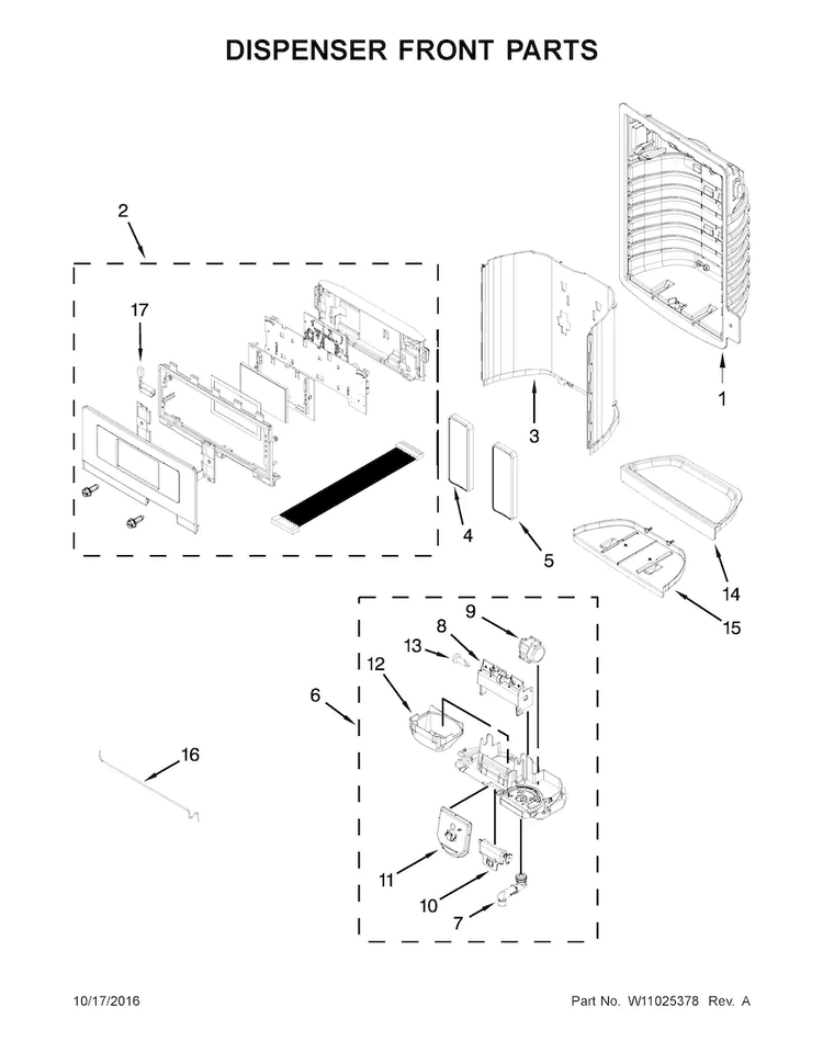 Dispenser Front Parts Diagram and Parts List for MFI2570FEZ02  Maytag Refrigerator
