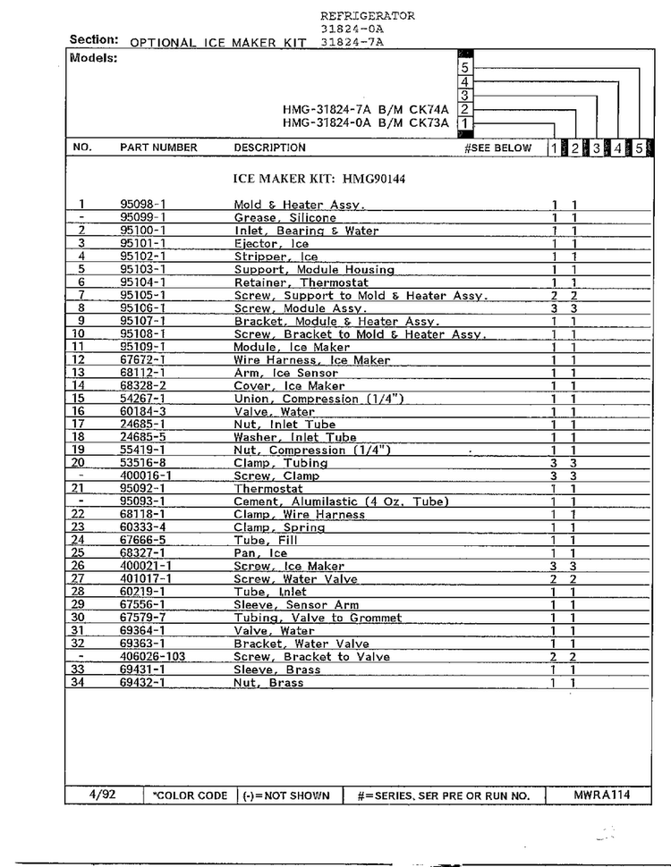 Optional Ice Maker Kit Page 2 Diagram and Parts List for 31824-0A  Admiral Refrigerator