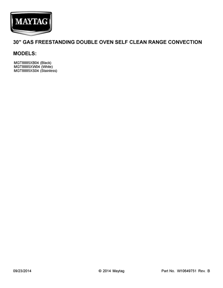 Cover Sheet Diagram and Parts List for MGT8885XS04  Maytag Range