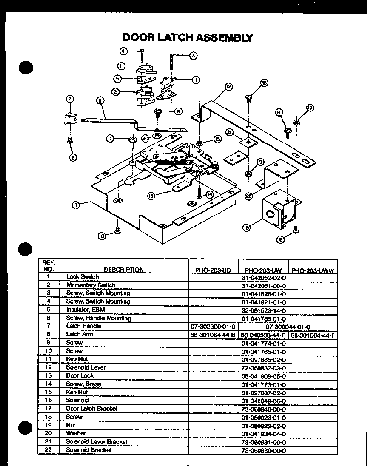 Door Latch Assembly Diagram and Parts List for PHO203UWW  Amana Wall Oven