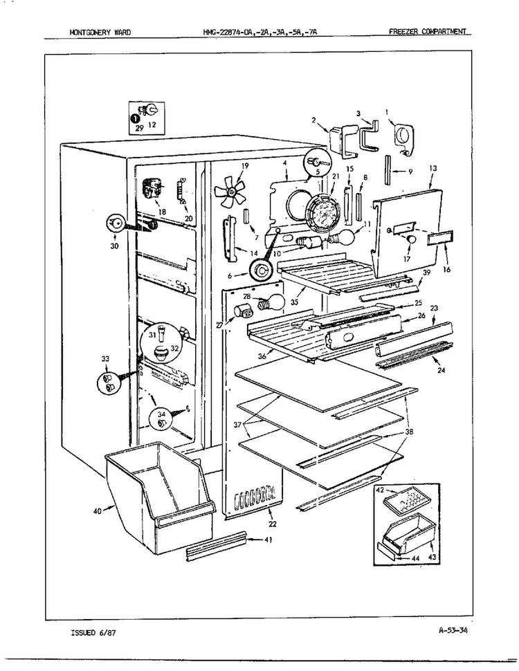 Freezer Compartment Diagram and Parts List for 22874A  Admiral Refrigerator