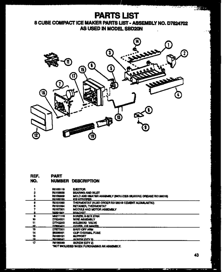 8 Cube Compact Ice Maker Diagram and Parts List for SBI20NW-P1162902WW  Amana Refrigerator