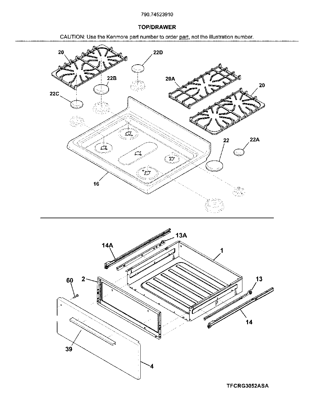 Top/Drawer Diagram and Parts List for 79074523910  Kenmore Range