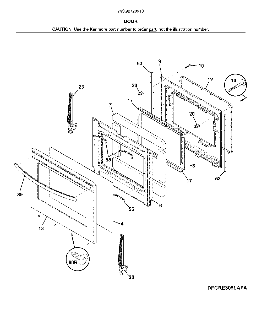 Door Diagram and Parts List for 79092723910  Kenmore Range