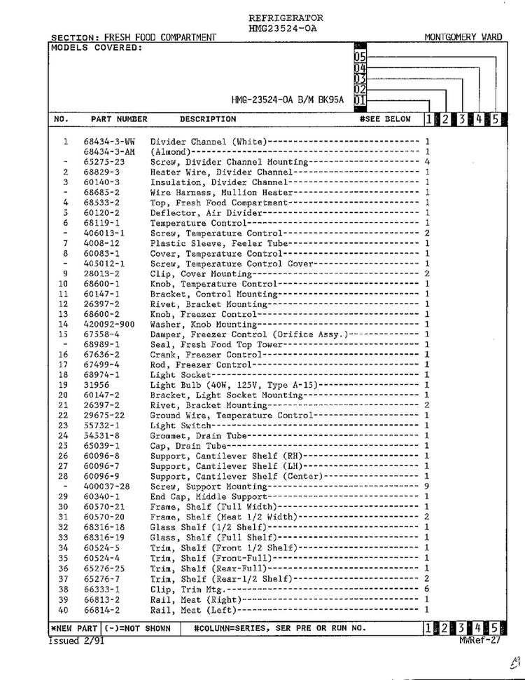 Fresh Food Compartment Page 2 Diagram and Parts List for 23524-0A  Admiral Refrigerator