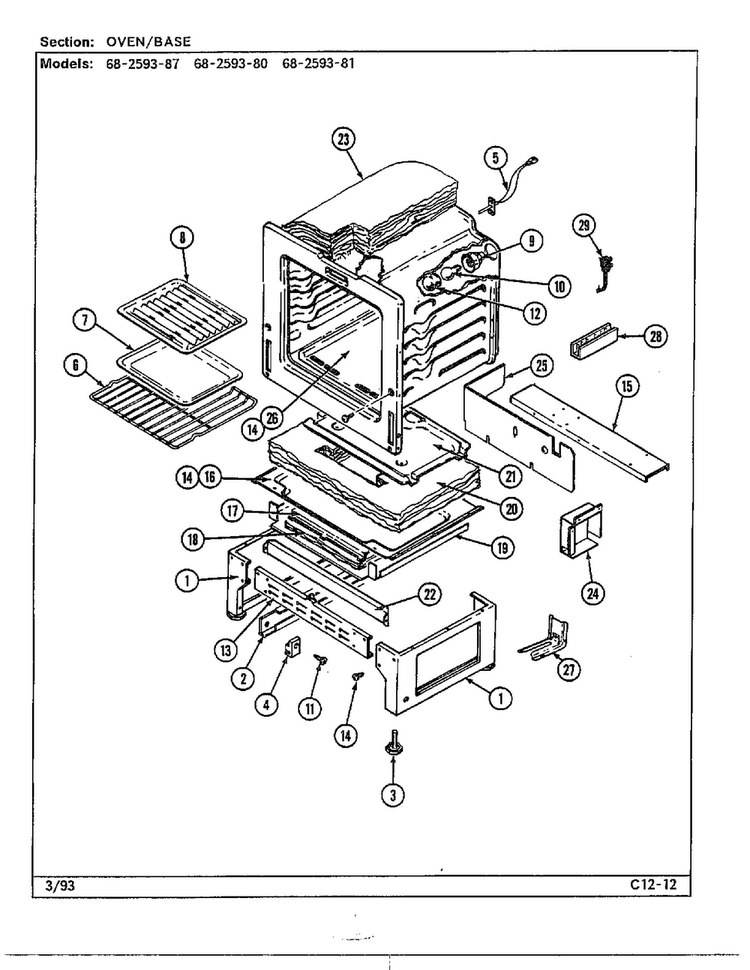 Oven/base Diagram and Parts List for 68-2593-81  Magic Chef Range