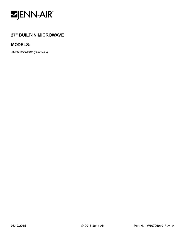 Cover Sheet Diagram and Parts List for JMC2127WS02  Jenn-Air Microwave