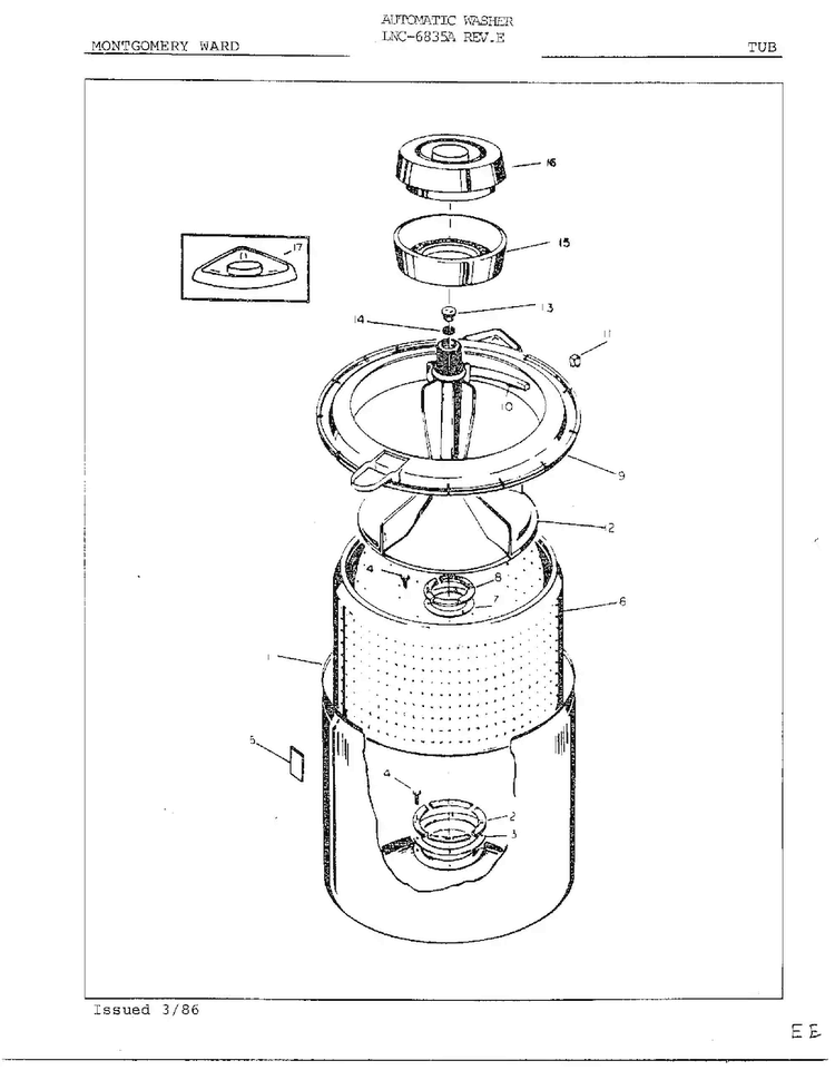 Tub Diagram and Parts List for 6835A REV E Norge Washer