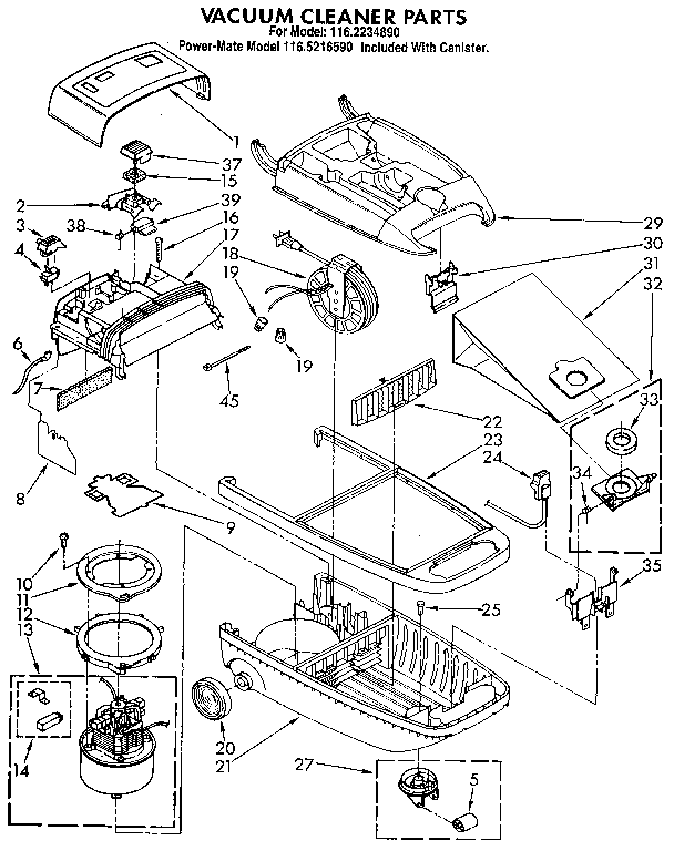 Base Assembly Diagram and Parts List for 1162234890  Kenmore Canister Vacuum