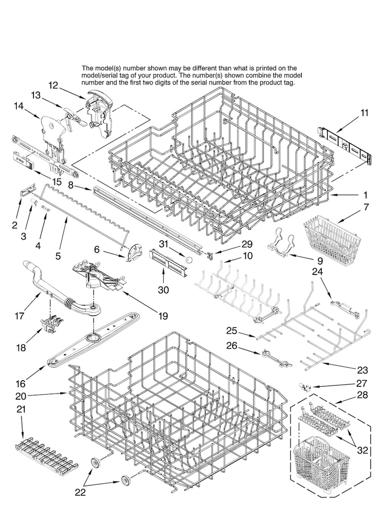 Upper And Lower Rack Parts Diagram and Parts List for JDB1255AWB41  Jenn-Air Dishwasher