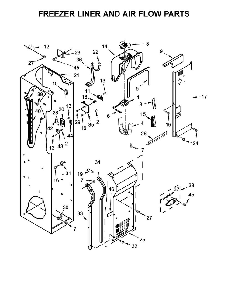 Freezer Liner And Air Flow Parts Diagram and Parts List for JS42PPDUDE01  Jenn-Air Refrigerator