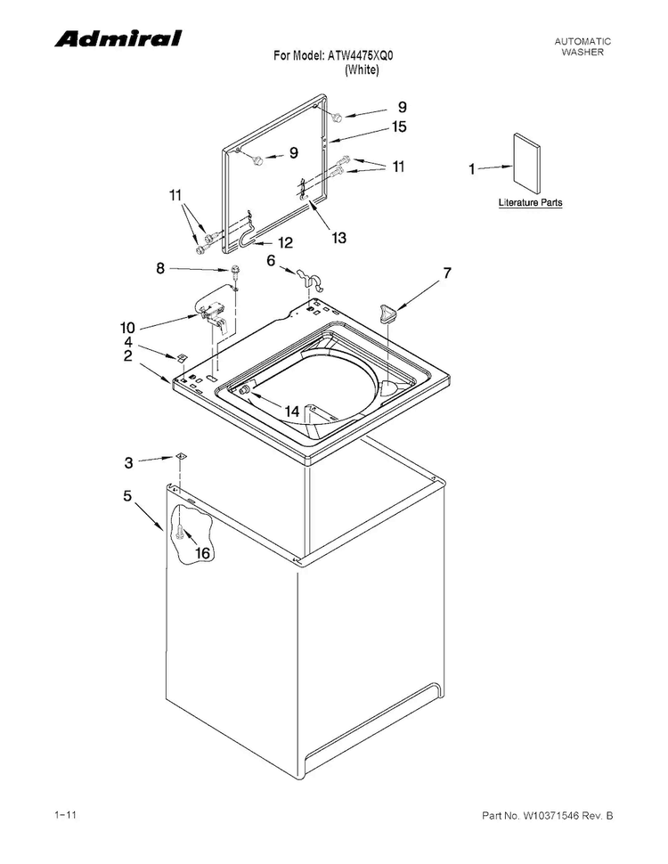 Top And Cabinet Parts Diagram and Parts List for ATW4475XQ0  Admiral Washer