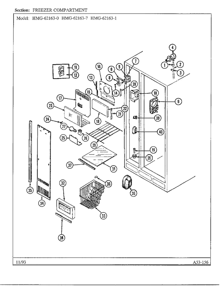 Freezer Compartment Diagram and Parts List for 62163-0A  Admiral Refrigerator