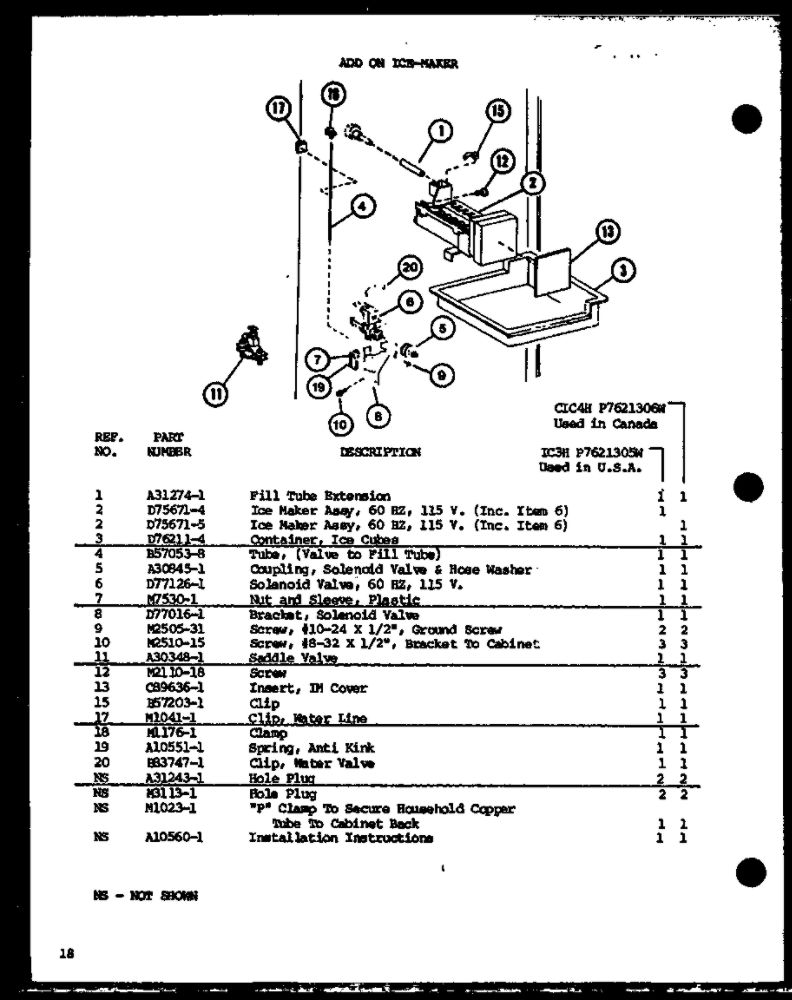 Add On Ice-Maker 1 Diagram and Parts List for IC3H-P7621305W-BM  Amana Refrigerator