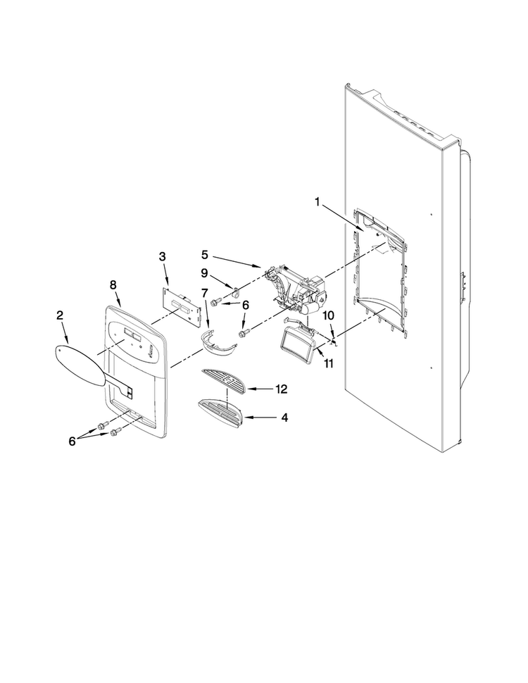 Dispenser Front Parts Diagram and Parts List for 7MI2569VEM4  Maytag Refrigerator