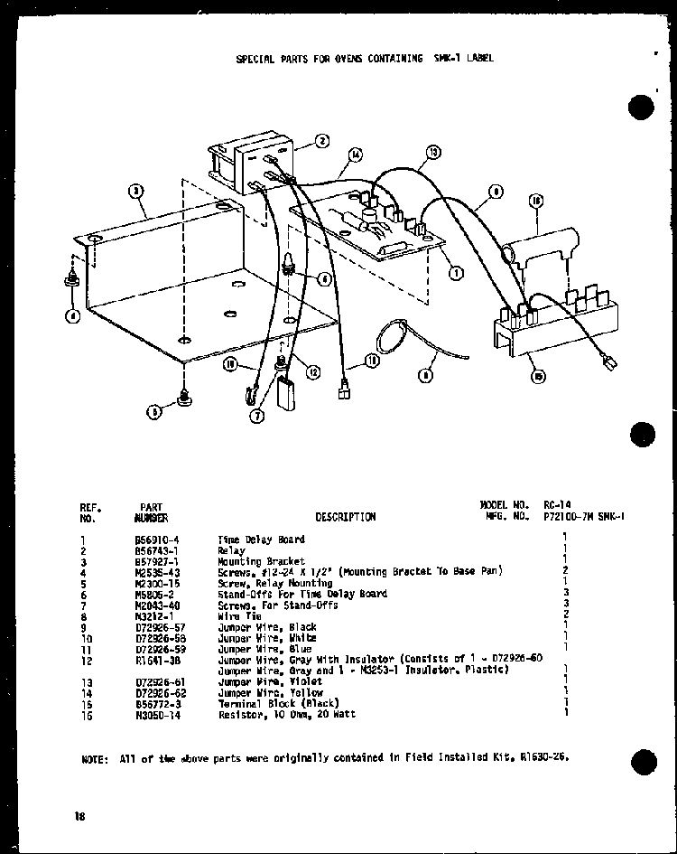 Time Delay Board Diagram and Parts List for RC-14 P72100-7M Amana Microwave