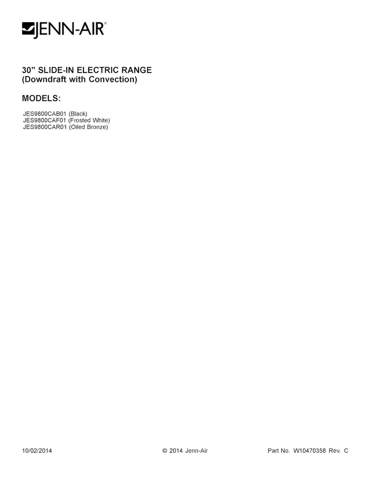 Cover Sheet Diagram and Parts List for JES9800CAB01  Jenn-Air Range