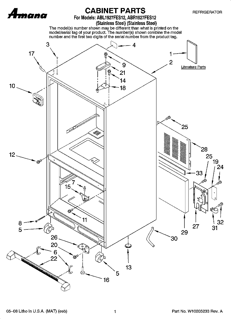 CABINET PARTS Diagram and Parts List for ABL1927FES12  Amana Refrigerator