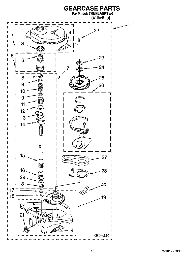 GEARCASE PARTS, OPTIONAL PARTS (NOT INCLUDED) Diagram and Parts List for 7MMSL6955TW0  Maytag Washer