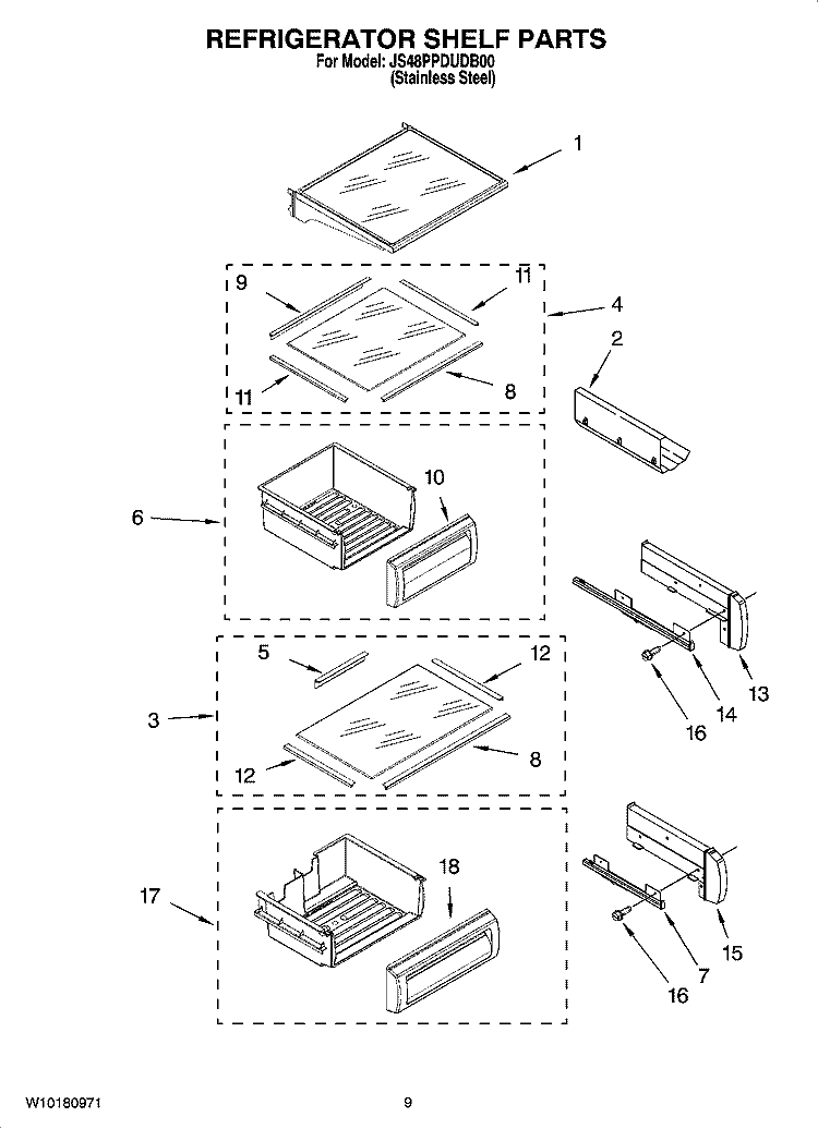 REFRIGERATOR SHELF PARTS Diagram and Parts List for JS48PPDUDB00  Jenn-Air Refrigerator