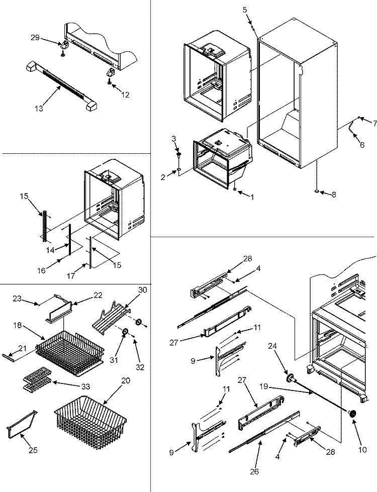 INTERIOR CABINET / FRZ SHELVES / TOE GRILLE Diagram and Parts List for GB2526REKS  Amana Refrigerator