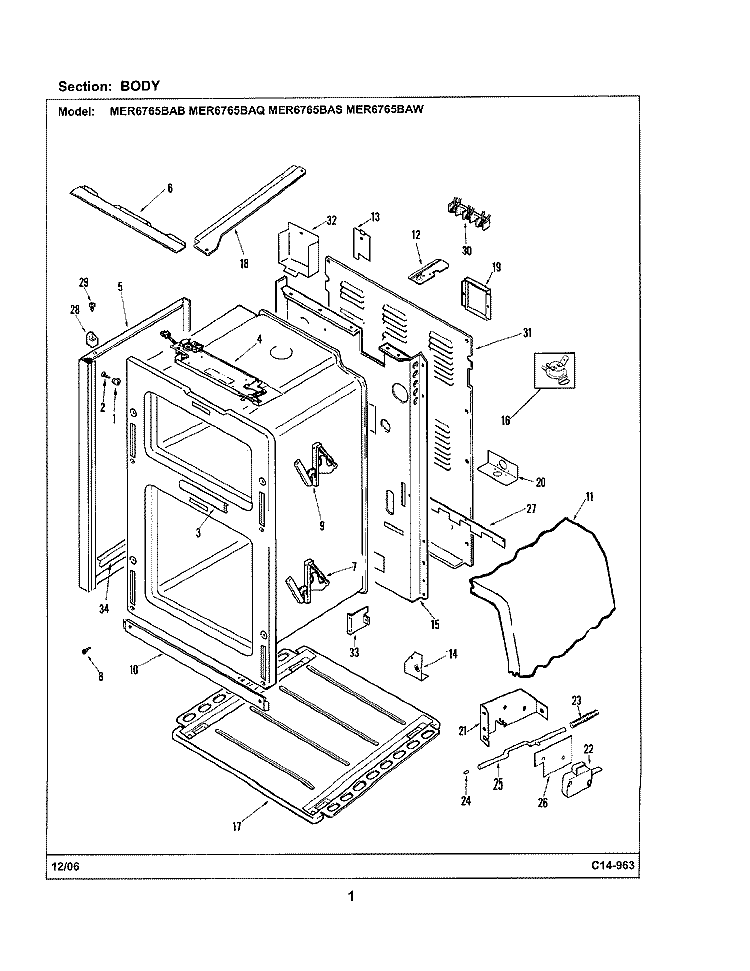 BODY Diagram and Parts List for MER6765BAB  Maytag Range