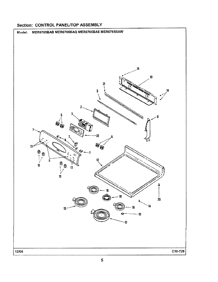 CONTROL PANEL / TOP ASSEMBLY Diagram and Parts List for MER6765BAB  Maytag Range