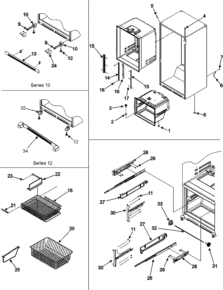 INTERIOR CABINET / TOE GRILLE / FRZ SHELVES Diagram and Parts List for MBF2262HEB  Maytag Refrigerator