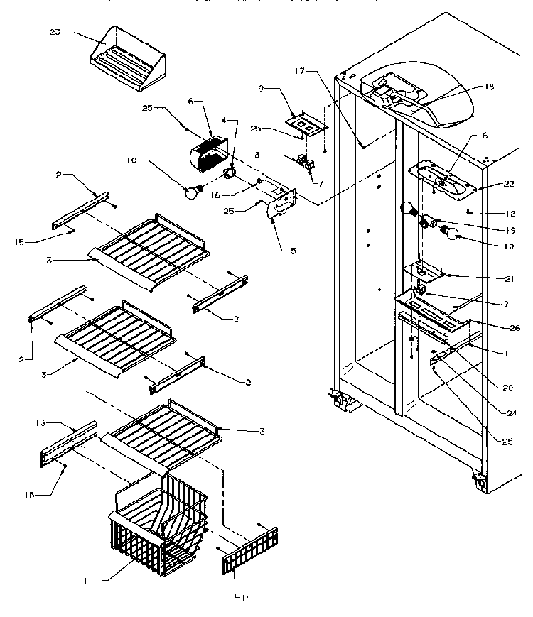 Freezer Shelving & Ref Light Diagram and Parts List for SZD25S5W-P1190415WW  Amana Refrigerator