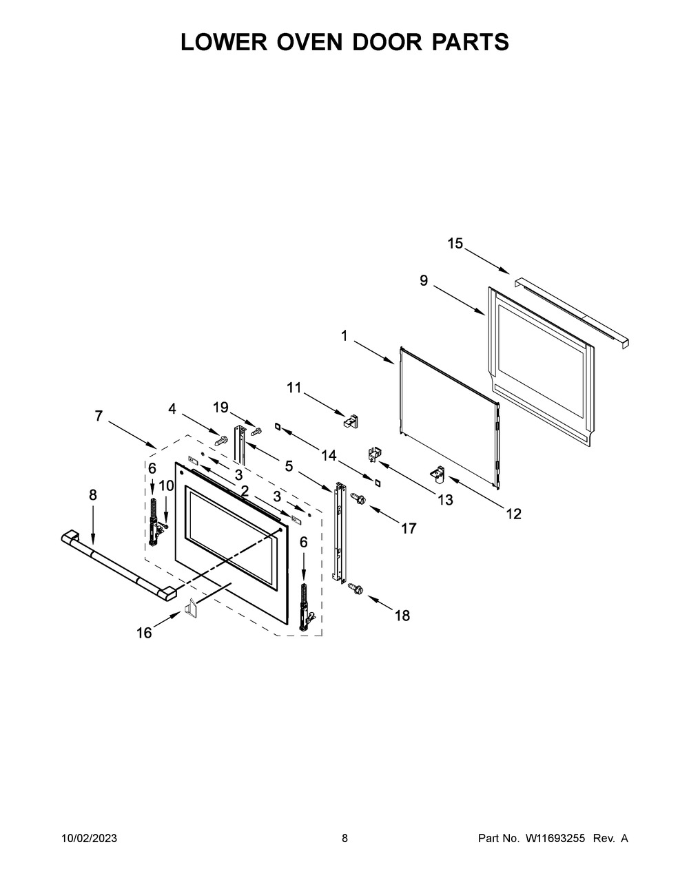 Lower Oven Door Parts Diagram and Parts List for JJW3830LL01  Jenn-Air Wall Oven