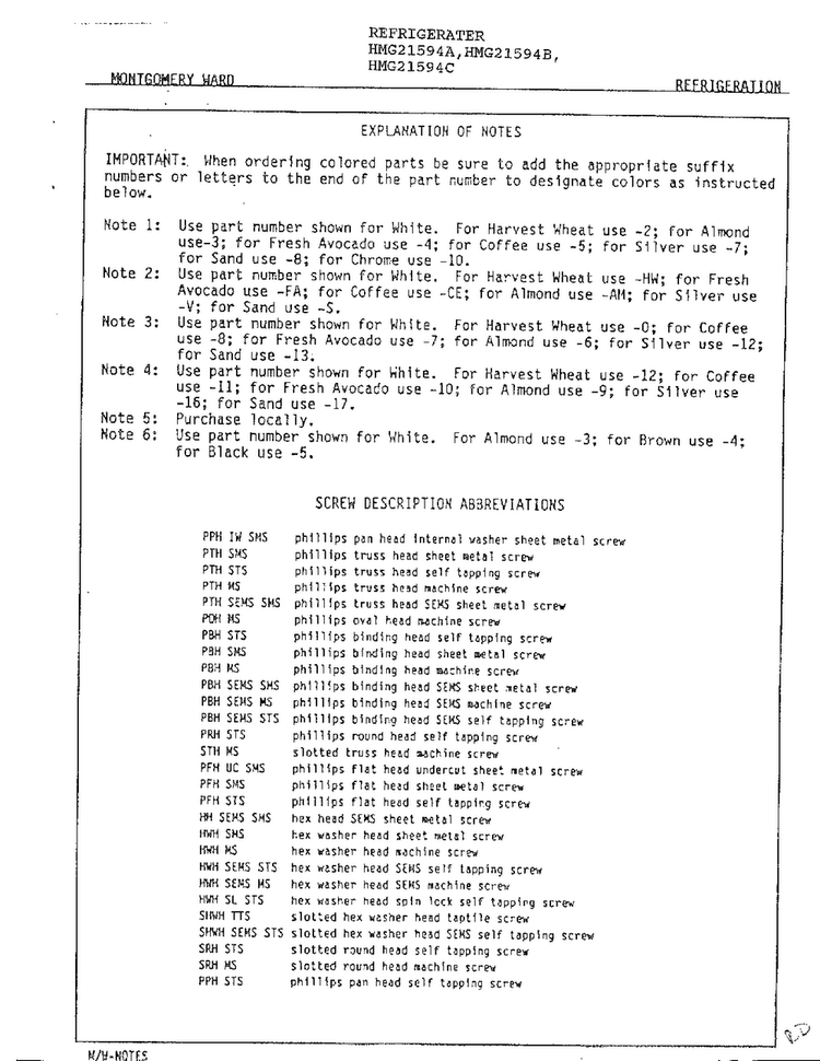 Refrigeration Screw Description Abbreviations Diagram and Parts List for 21594C  Admiral Refrigerator