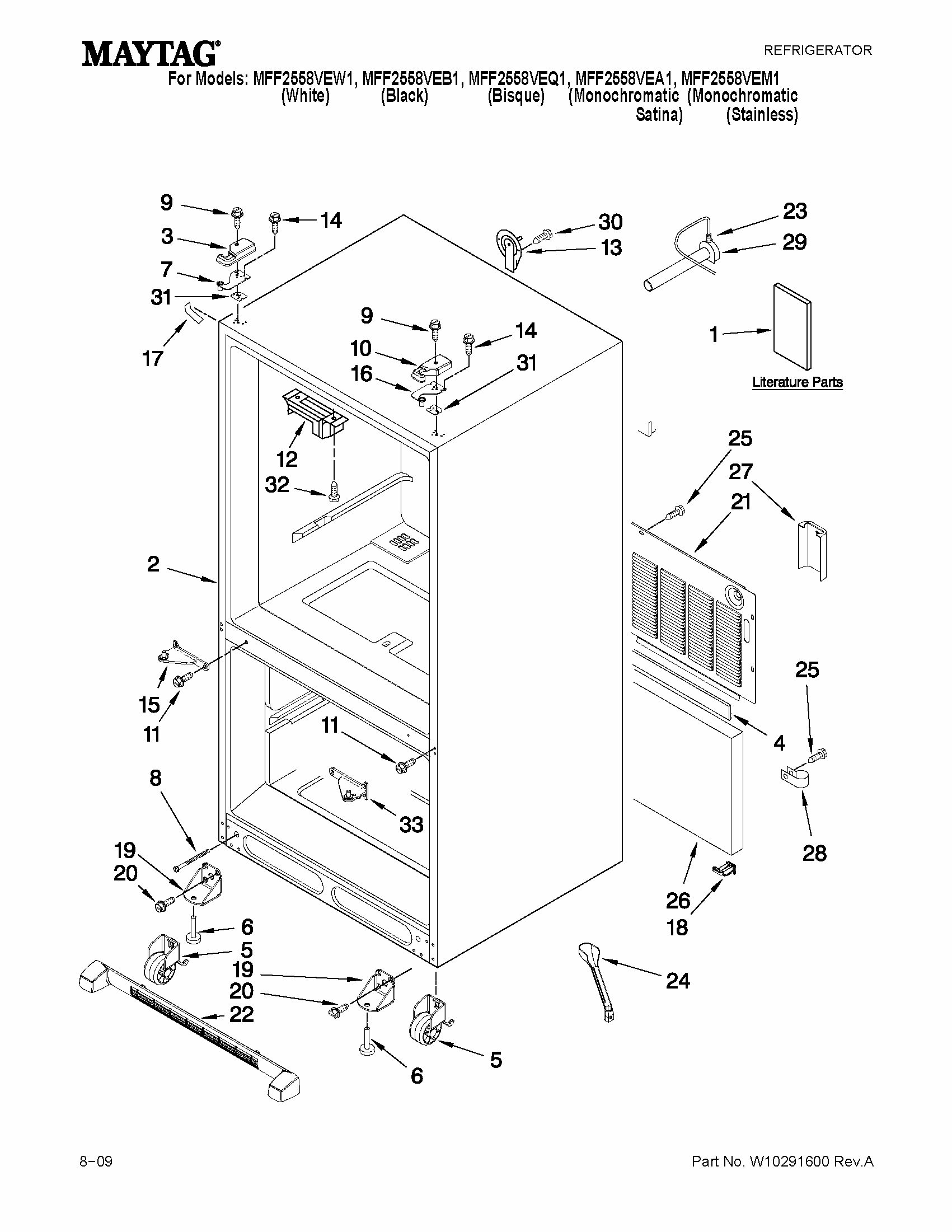 Cabinet Parts Diagram and Parts List for MFF2558VEW1  Maytag Refrigerator