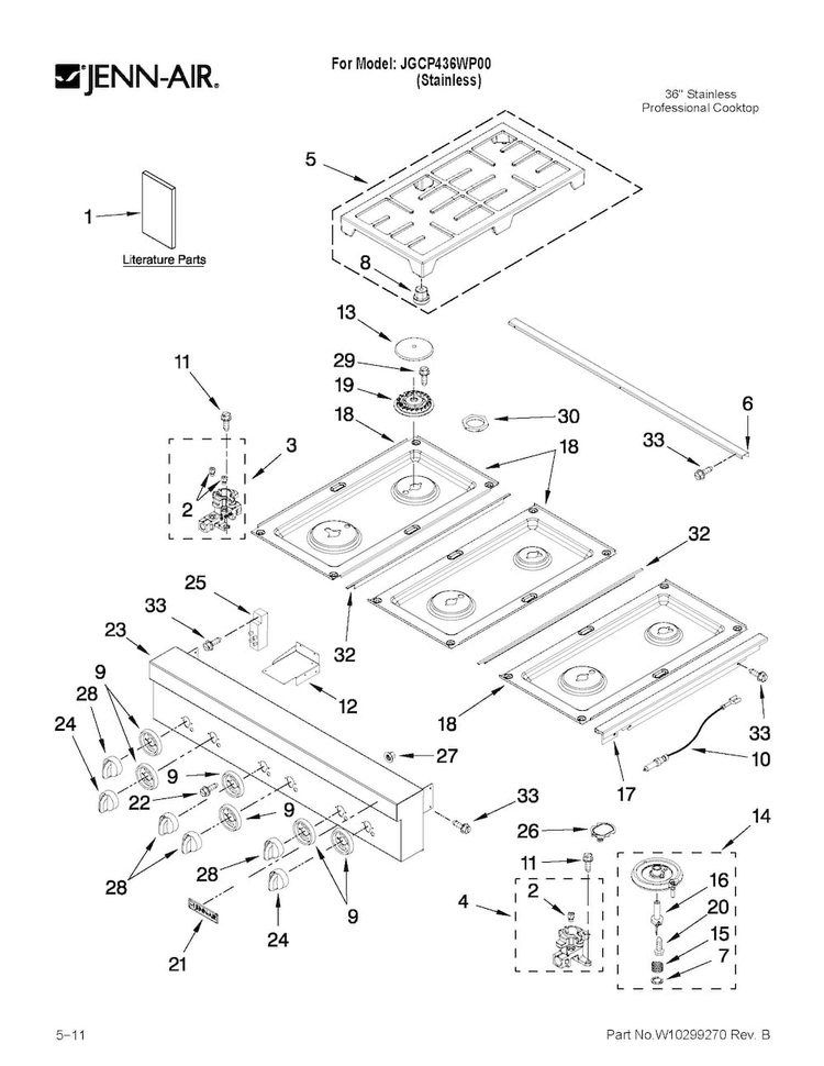 Cooktop, Burner And Grate Parts Diagram and Parts List for JGCP436WP00  Jenn-Air Cooktop
