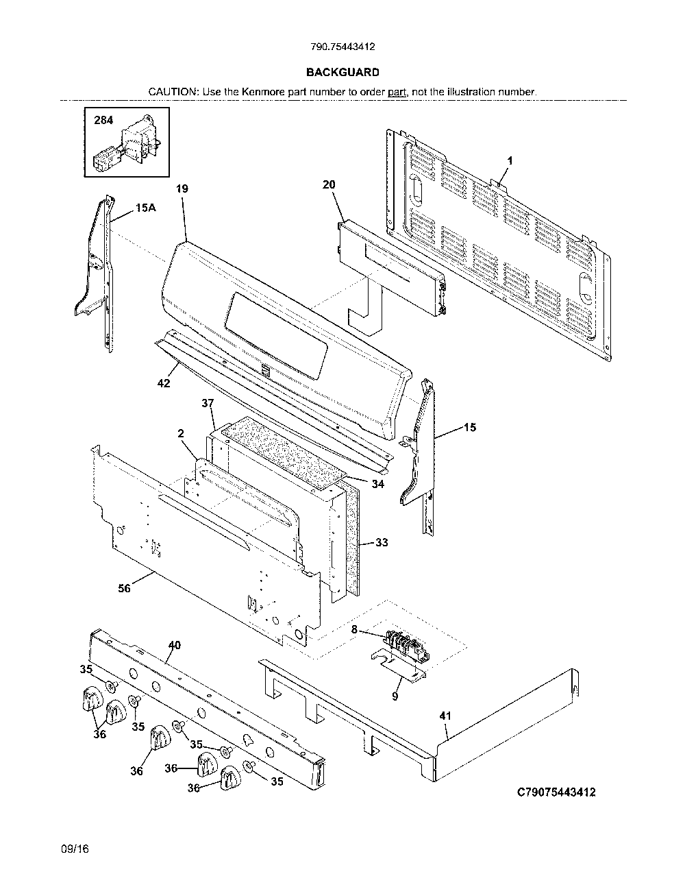 Backguard Diagram and Parts List for 79075443412  Kenmore Range