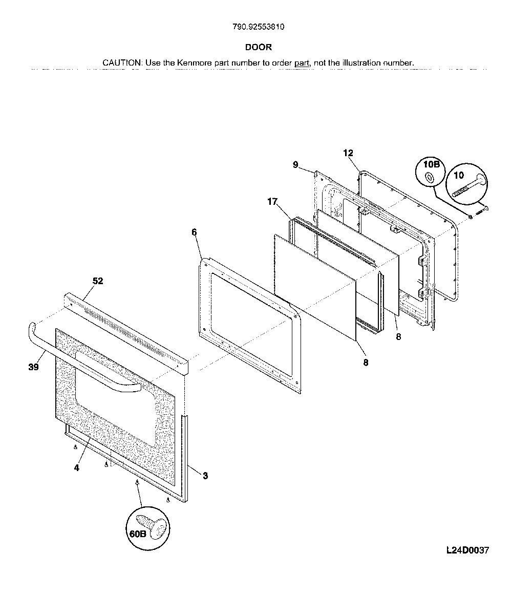 Door Diagram and Parts List for 79092553810  Kenmore Range