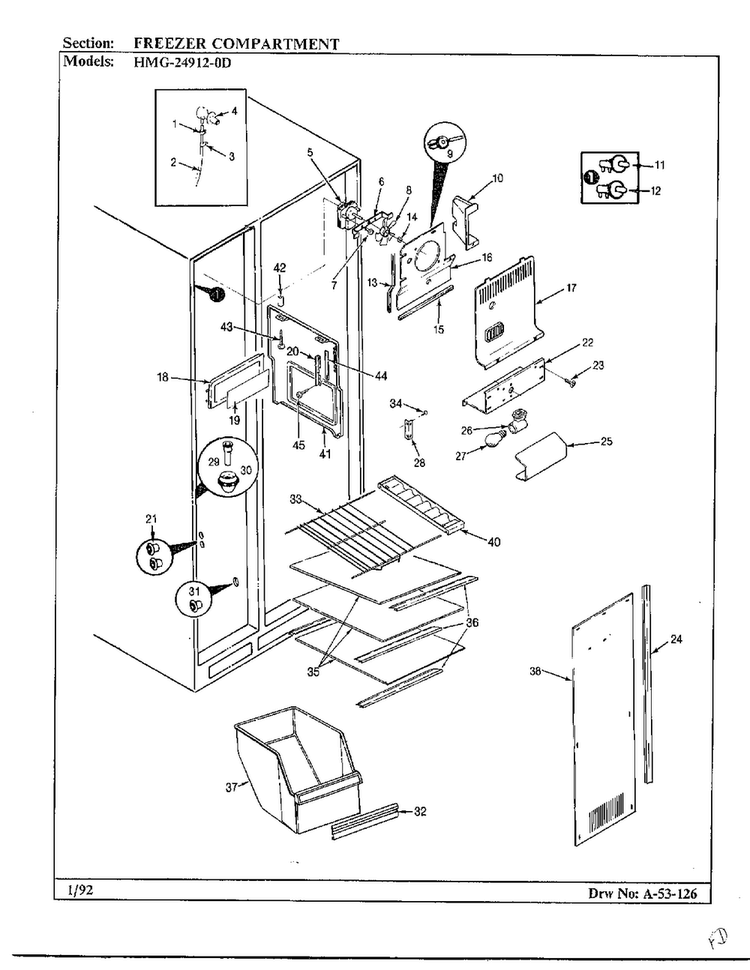Freezer Compartment Diagram and Parts List for 24912-0A  Admiral Refrigerator