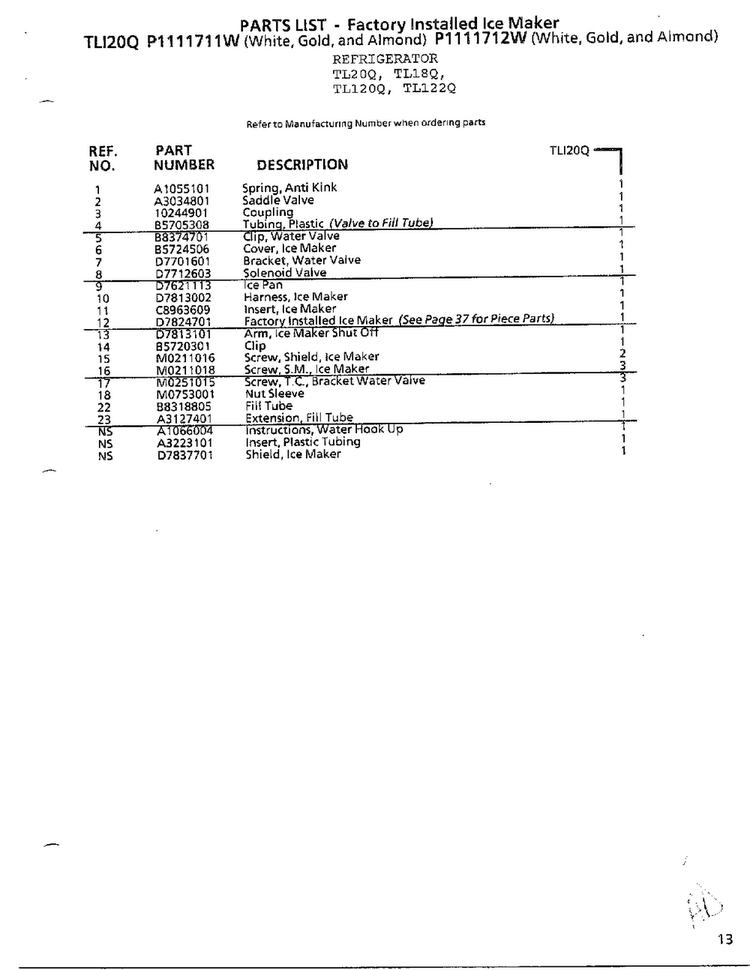 Factory Installed Ice Maker Page 2 Diagram and Parts List for TL120Q  Amana Refrigerator
