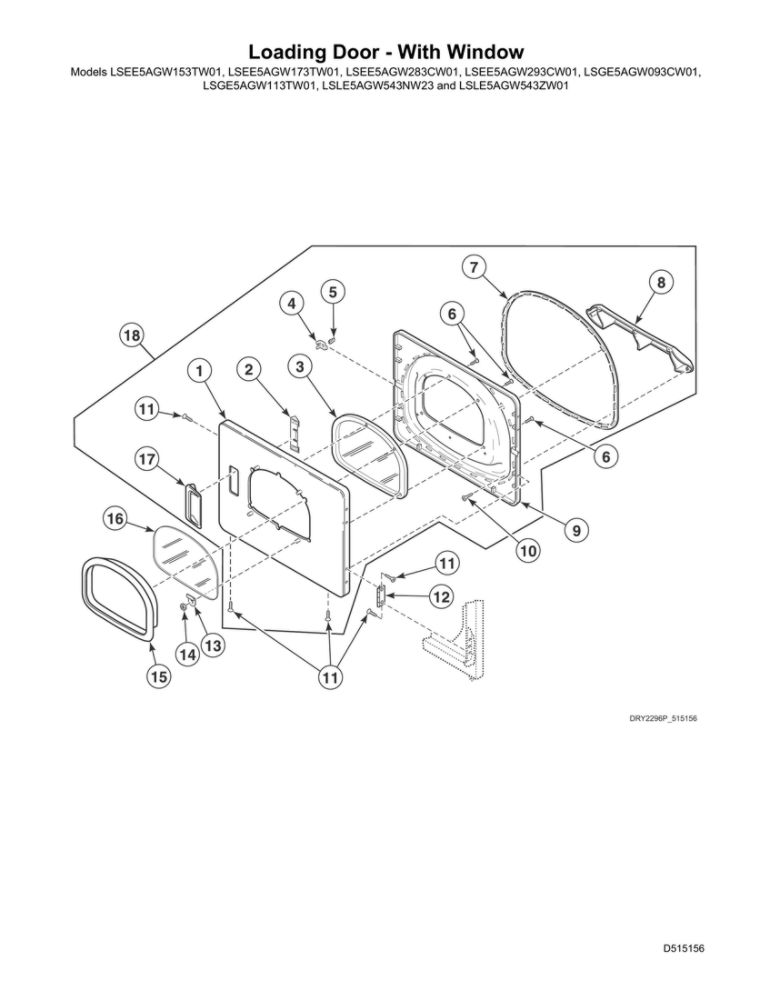 Loading Door - With Window Diagram and Parts List for LSGE5AGW113TW01 1912999999 Speed Queen Dryer