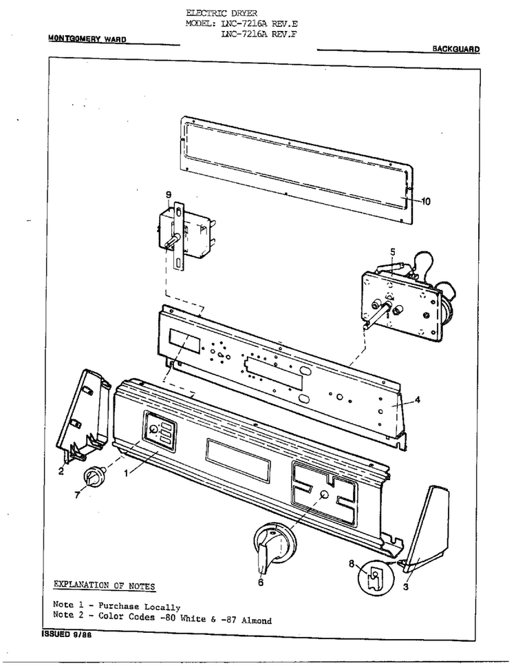 Electric Dryer/ Backguard Diagram and Parts List for 7216A REV E Norge Dryer