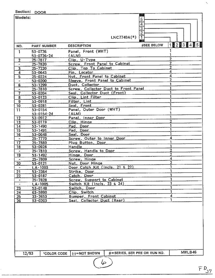Door Page 2 Diagram and Parts List for 7740A  Norge Dryer