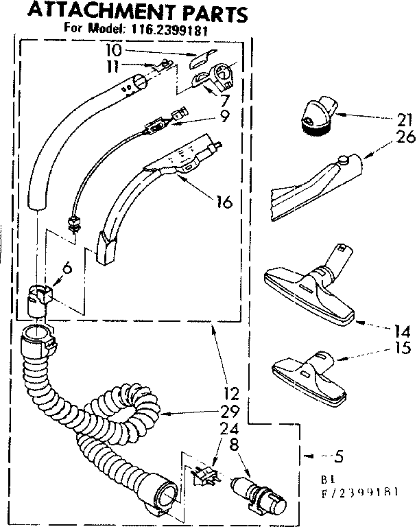 Attachment Parts Diagram and Parts List for 1162399181  Kenmore Canister Vacuum