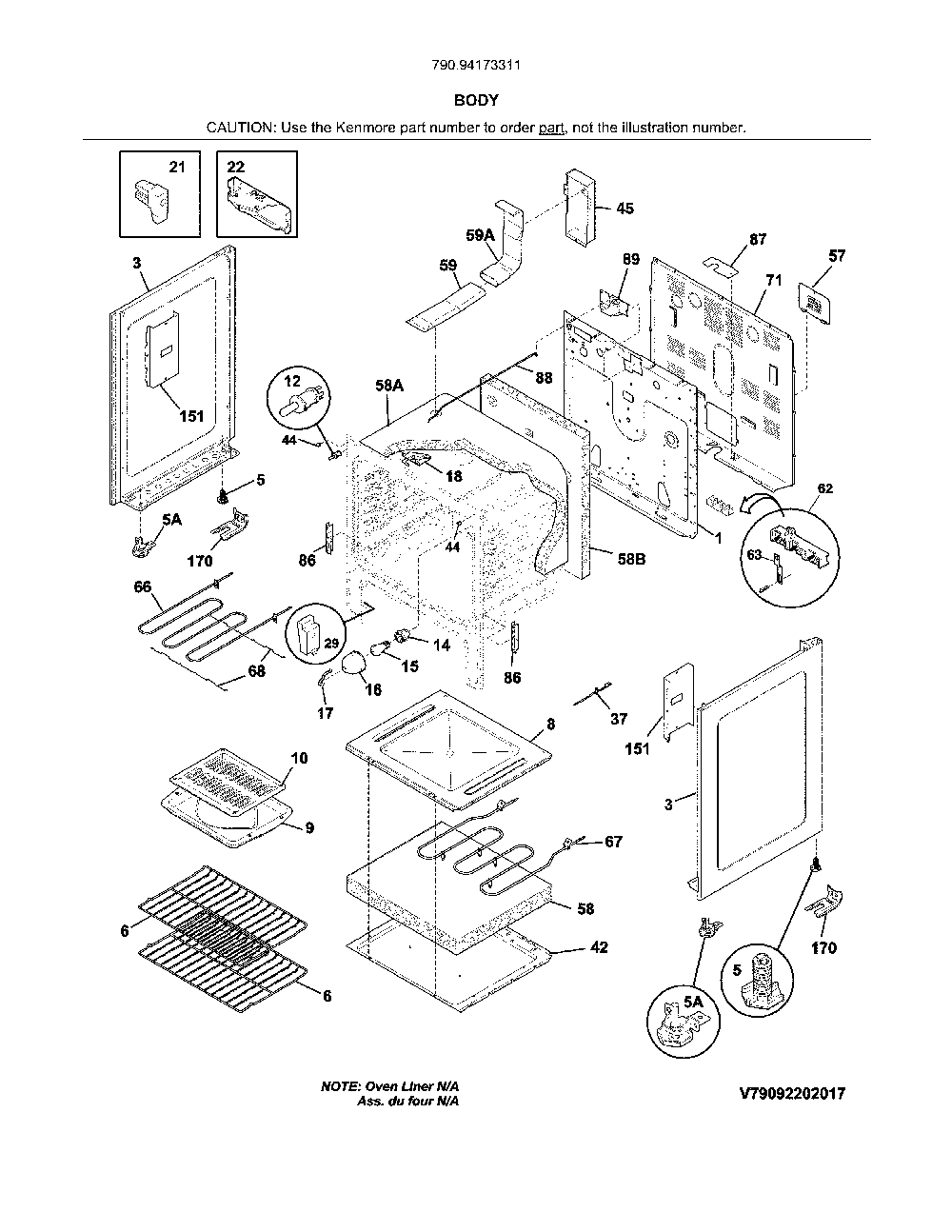 Body Diagram and Parts List for 79094173311  Kenmore Range