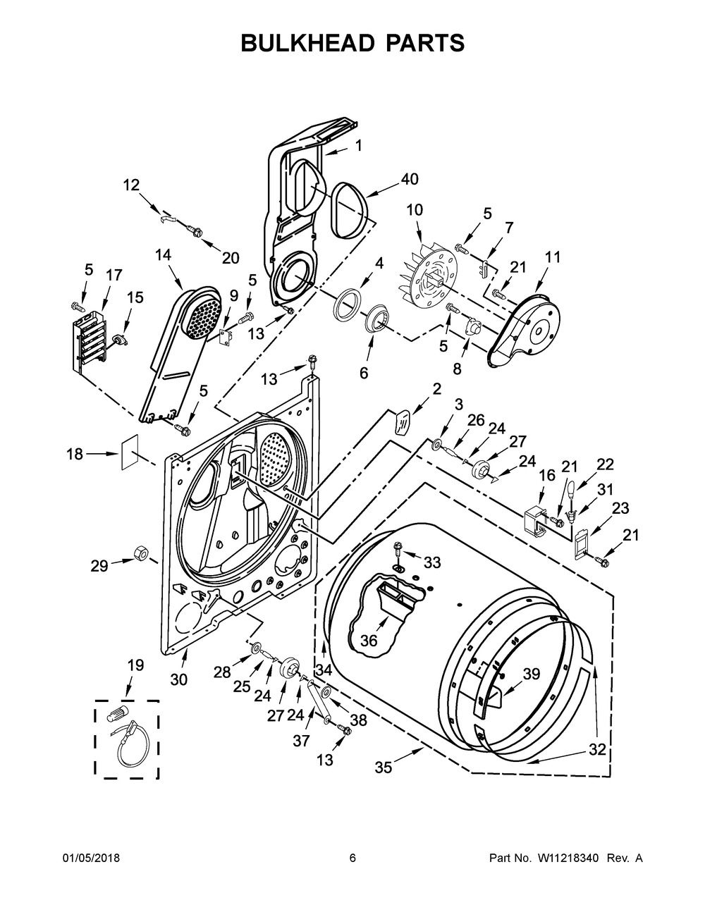 Bulkhead Parts Diagram and Parts List for YMEDC465HW0  Maytag Dryer