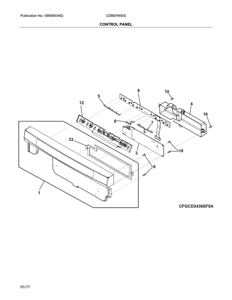 Control Panel Diagram and Parts List for CDBEH950SW1A  Crosley Dishwasher