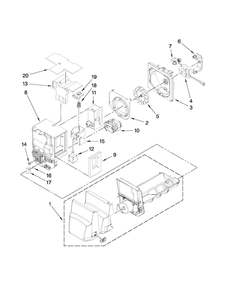 Motor And Ice Container Parts Diagram and Parts List for MFI2269VEM6  Maytag Refrigerator