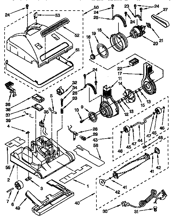 Nozzle And Motor Parts Diagram and Parts List for 1163036490C  Kenmore Upright Vacuum