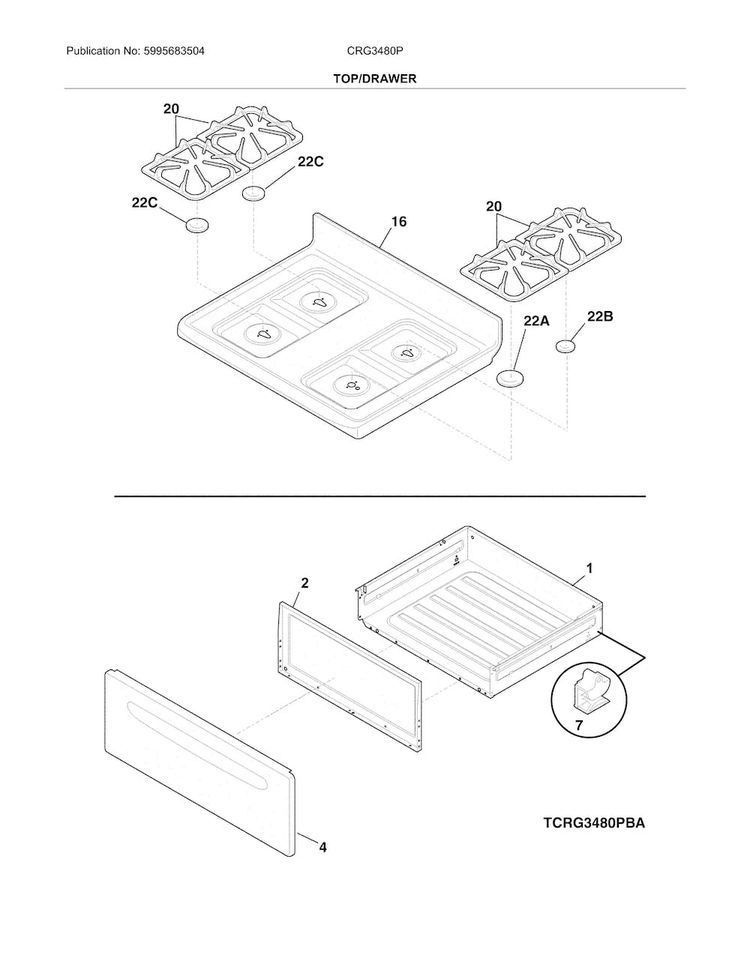 Top/drawer Diagram and Parts List for CRG3480PWC  Crosley Range